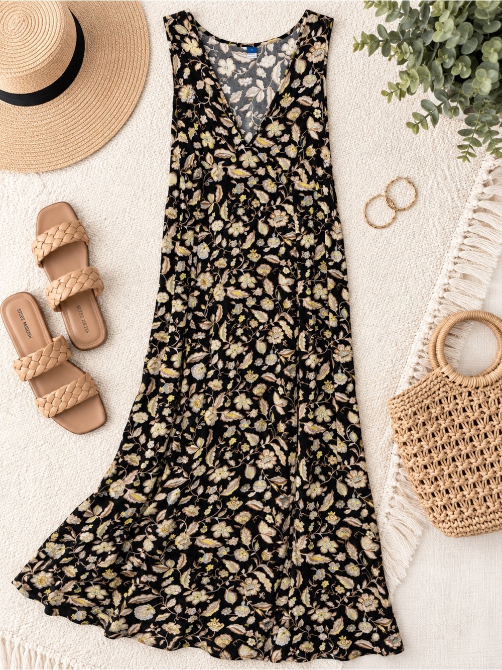 Old Navy Black Floral Maxi Dress with Cream and Pale Yellow Blossoms